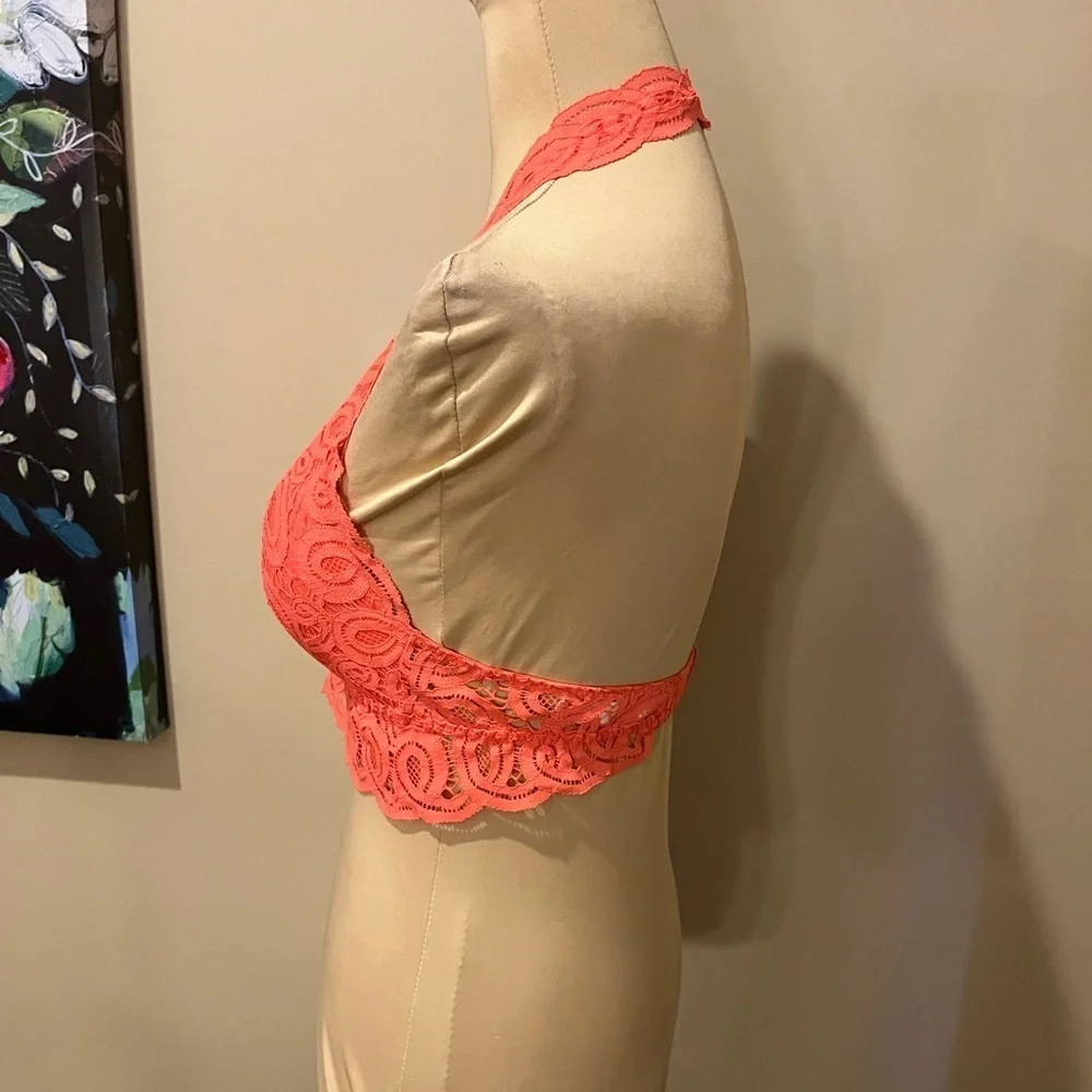 PINK VS Lace Halter Bralette in Vibrant Orange, size Small